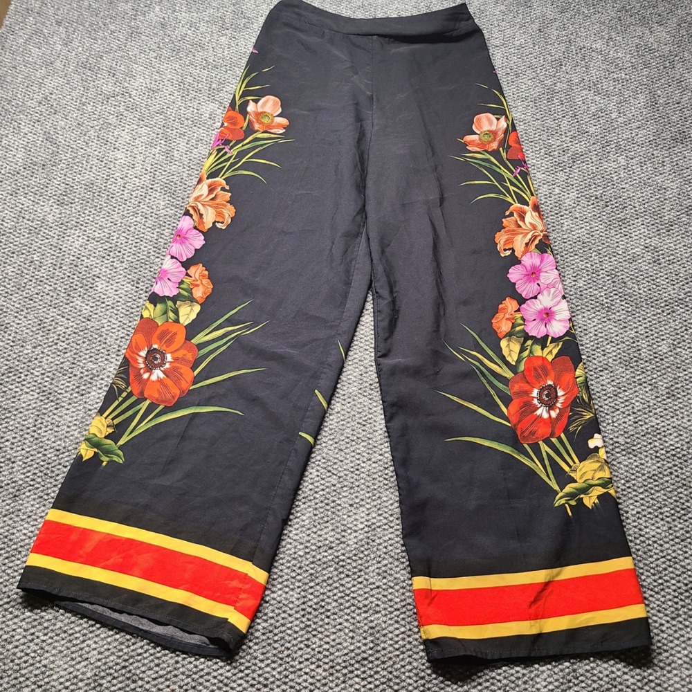 Adorne Black Floral Wide Leg Pants Striped Hem Elastic Waist Size S